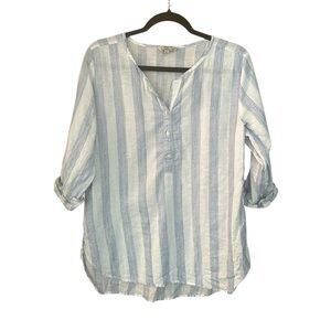 Hester & Orchard Blue White Striped Linen Blend Tunic Blouse Roll Tab Sleeves L